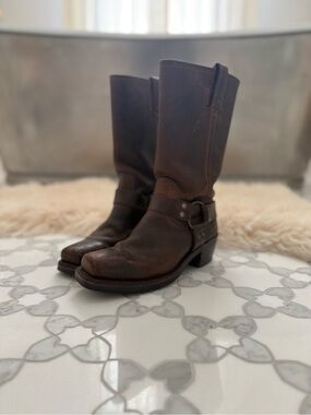 Frye Brown Leather Harness Mid-Calf Heeled Boots